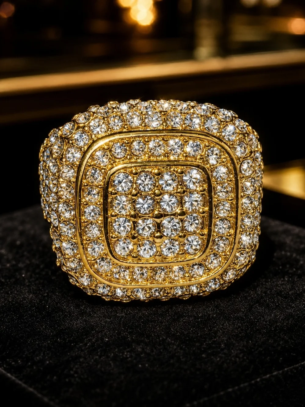 Men’s Gold Tone Rhinestone Iced Out Statement Ring Size 8